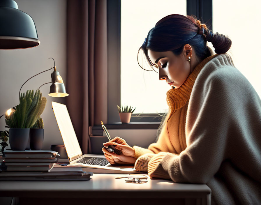 Person writing notes beside laptop in cozy indoor setting with glasses.