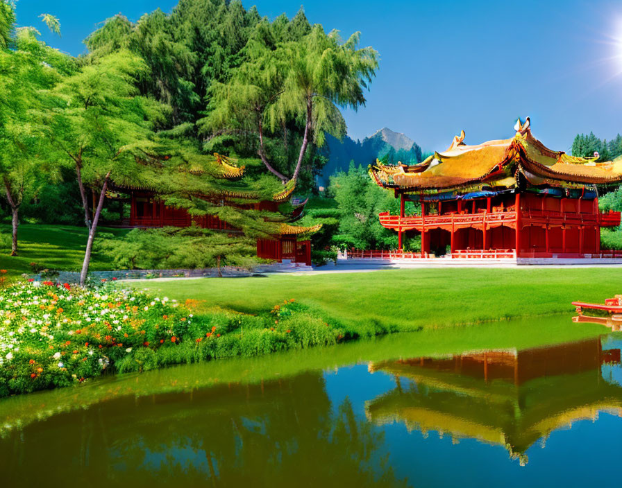 Asian Pavilion Surrounded by Pond and Greenery