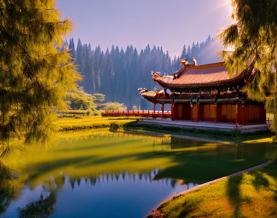 Tranquil Asian-style pavilion by green lake and lush trees