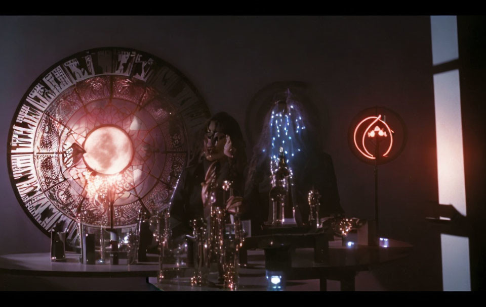 Dimly Lit Room with Figures, Glowing Orbs, Astrological Chart, Moon Centerpiece