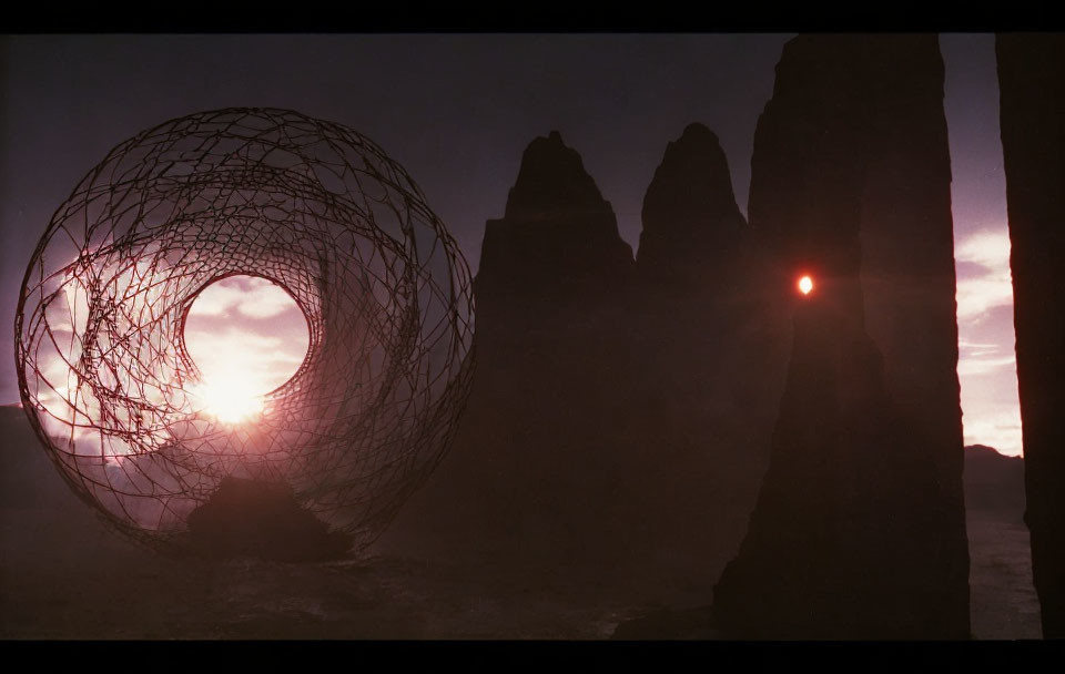 Spherical wireframe sculpture in desert sunset landscape