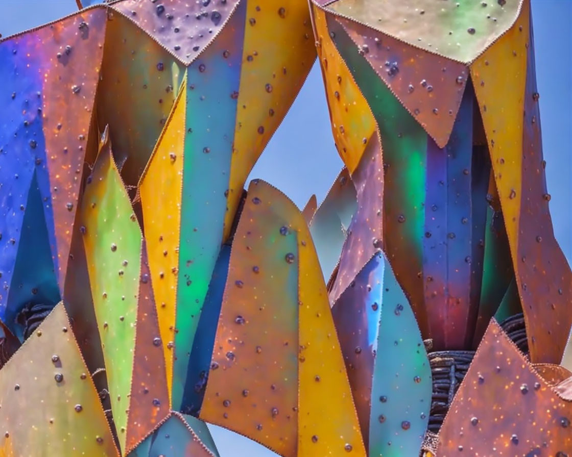 Vibrant Metal Sculpture with Rust-Speckled Panels on Blue Sky