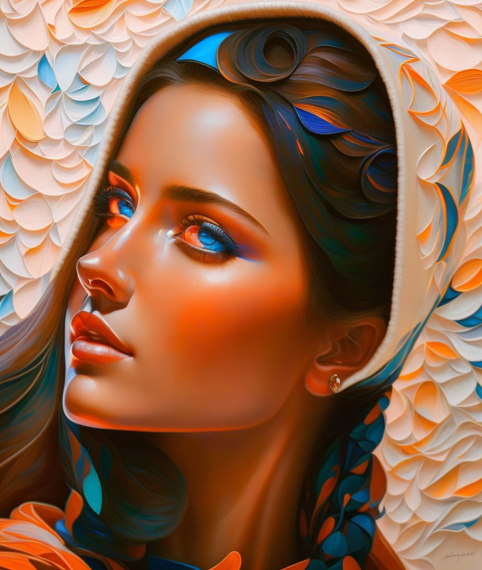 Digital artwork featuring woman with blue eyes in hood and floral patterns