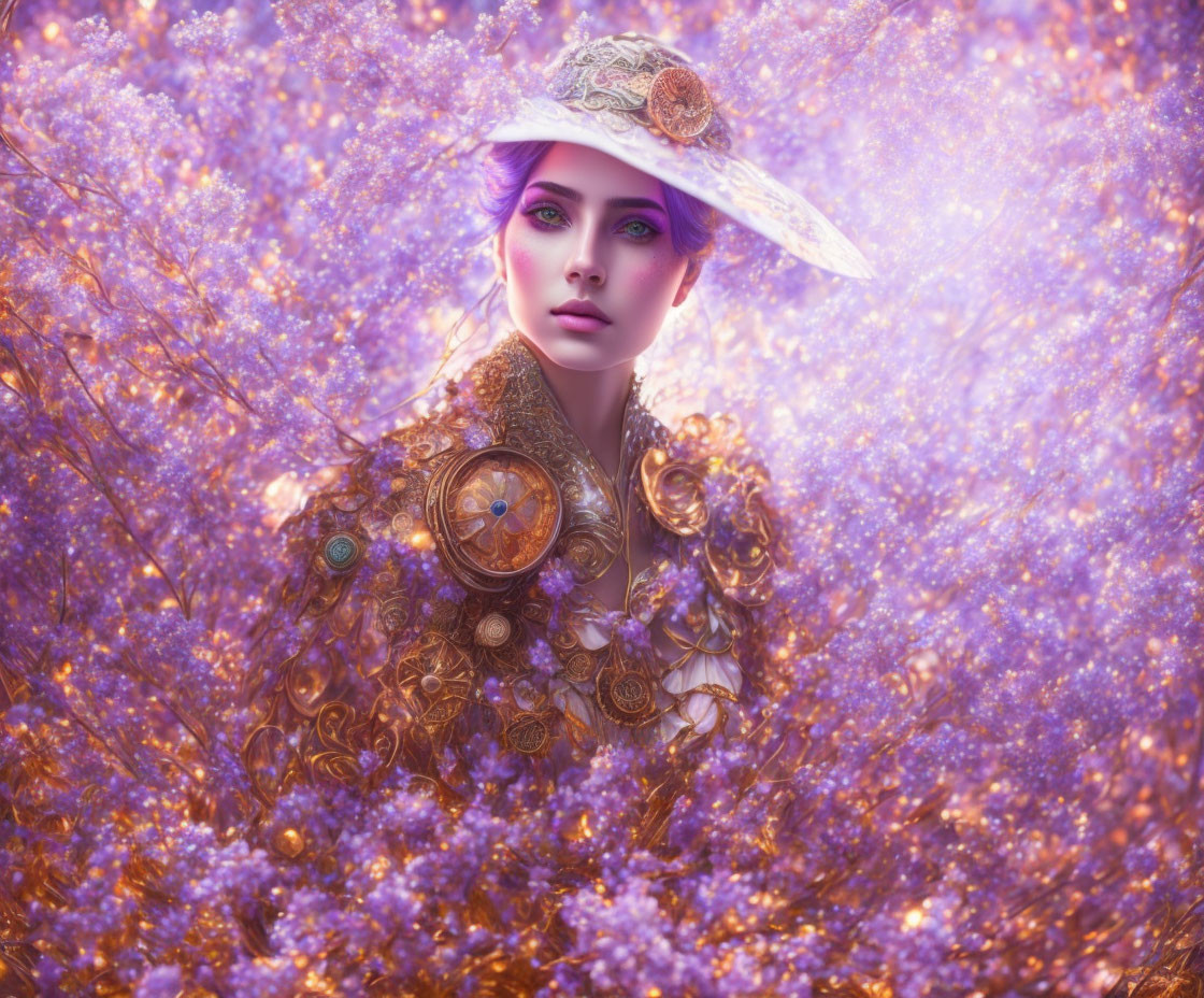 Fantasy woman with purple eyes in ornate golden armor and clockwork elements among vibrant flora