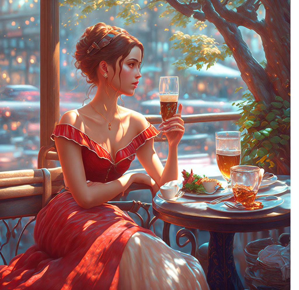 Woman in Red Dress at Cafe Table with Wine Glass in Serene Setting