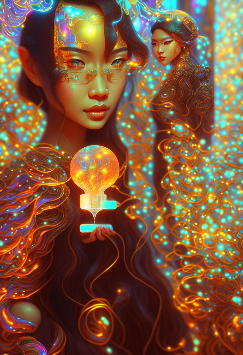 Digital artwork: Two women with glowing circuit patterns, surrounded by golden energy and holding a light bulb