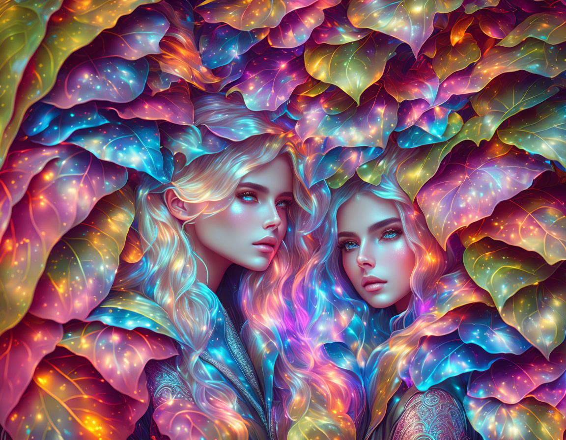 Ethereal women with luminescent hair in vibrant, iridescent surroundings