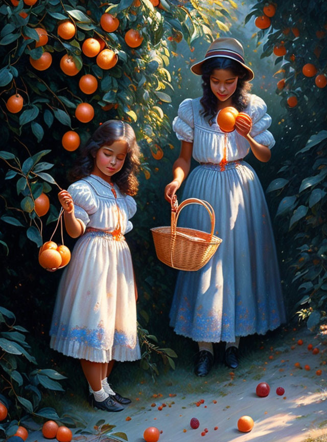 Vintage-dressed girls picking oranges in lush orchard scenery