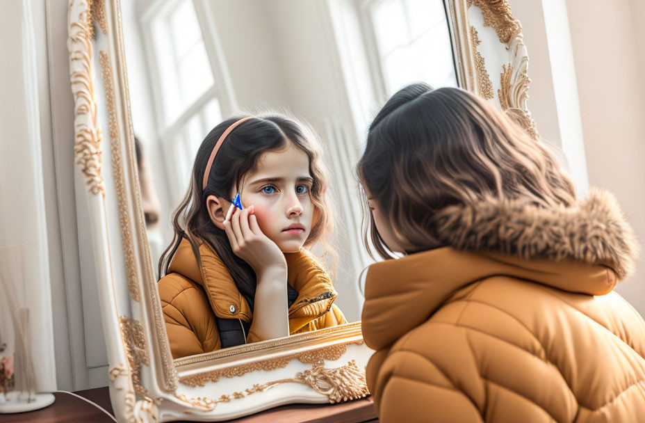 Young girl in yellow jacket gazes at reflection in ornate golden mirror