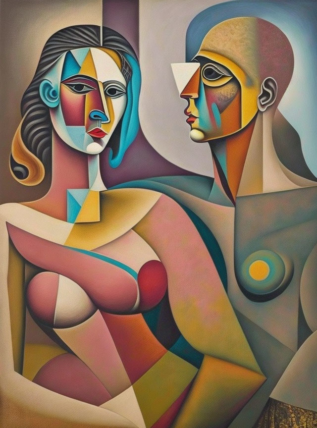 Colorful Cubist Painting Featuring Stylized Figures