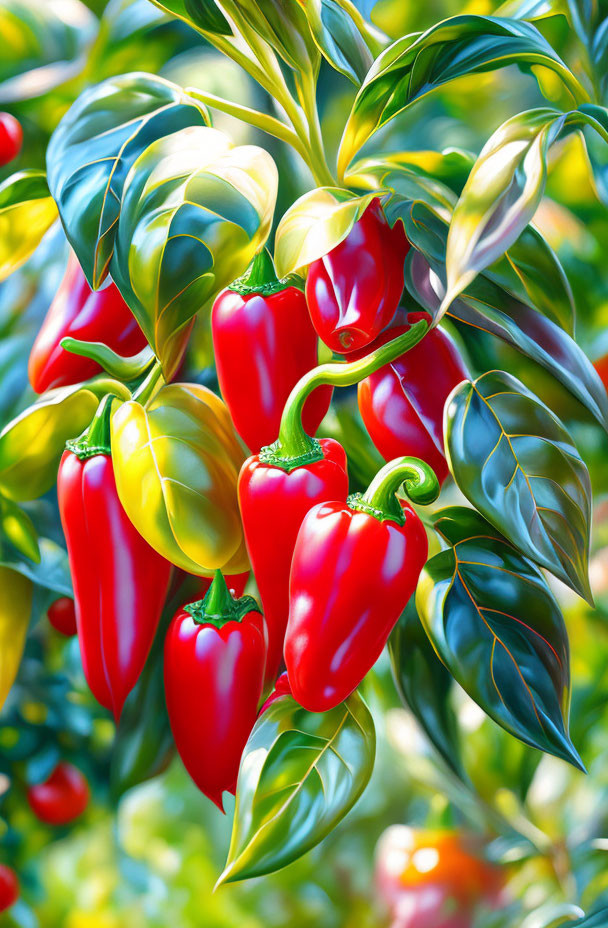 Colorful red and yellow bell peppers with green leaves under sunlight