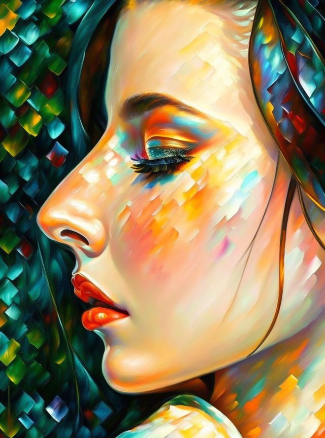 Colorful Prismatic Light Reflections on Woman's Face