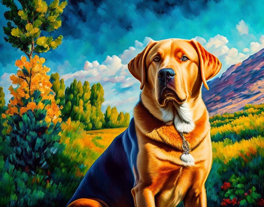 Colorful Labrador Dog Painting Outdoors with Trees and Mountain