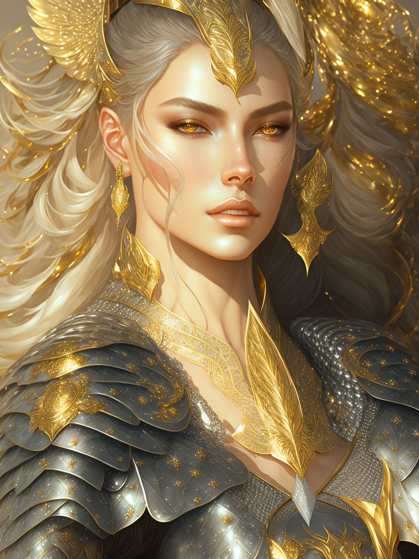 Golden-armored female figure with leaf-shaped details on warm background