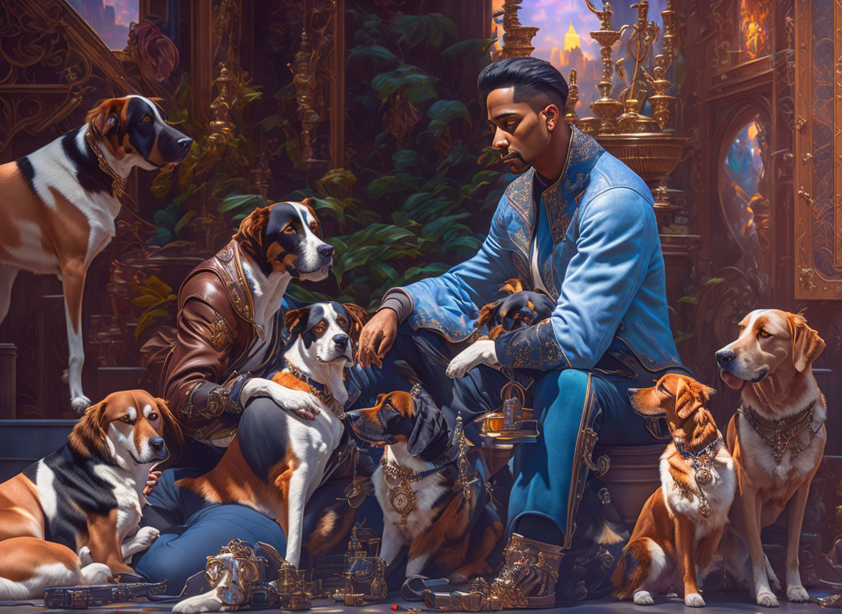 Regal man surrounded by attentive dogs in luxurious room