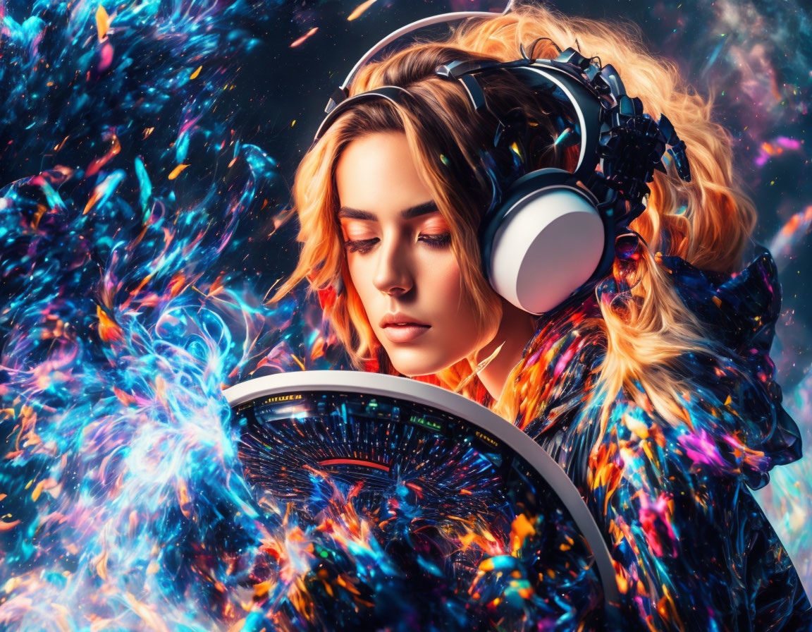 Woman immersed in music with cosmic colors & dynamic lights.