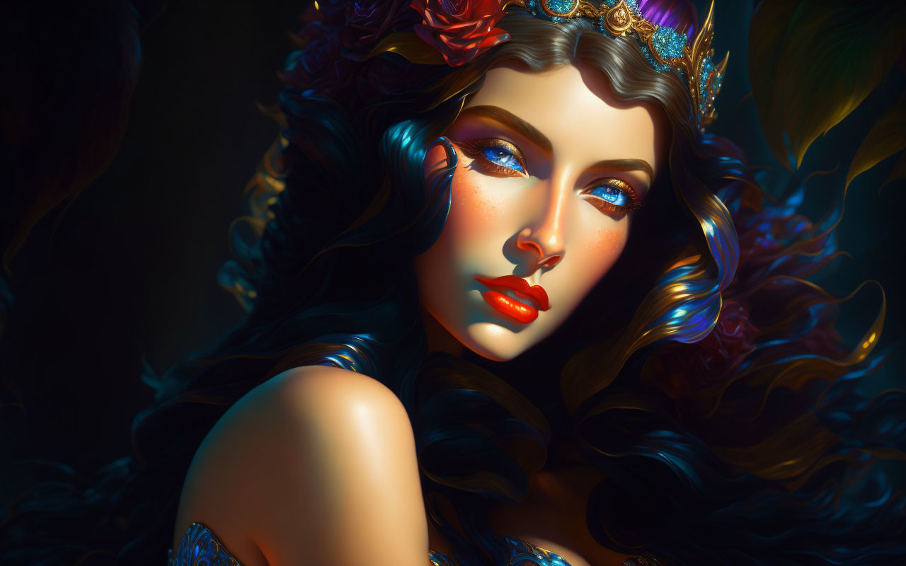 Digital artwork of woman with blue eyes, red lips, and floral crown on dark background