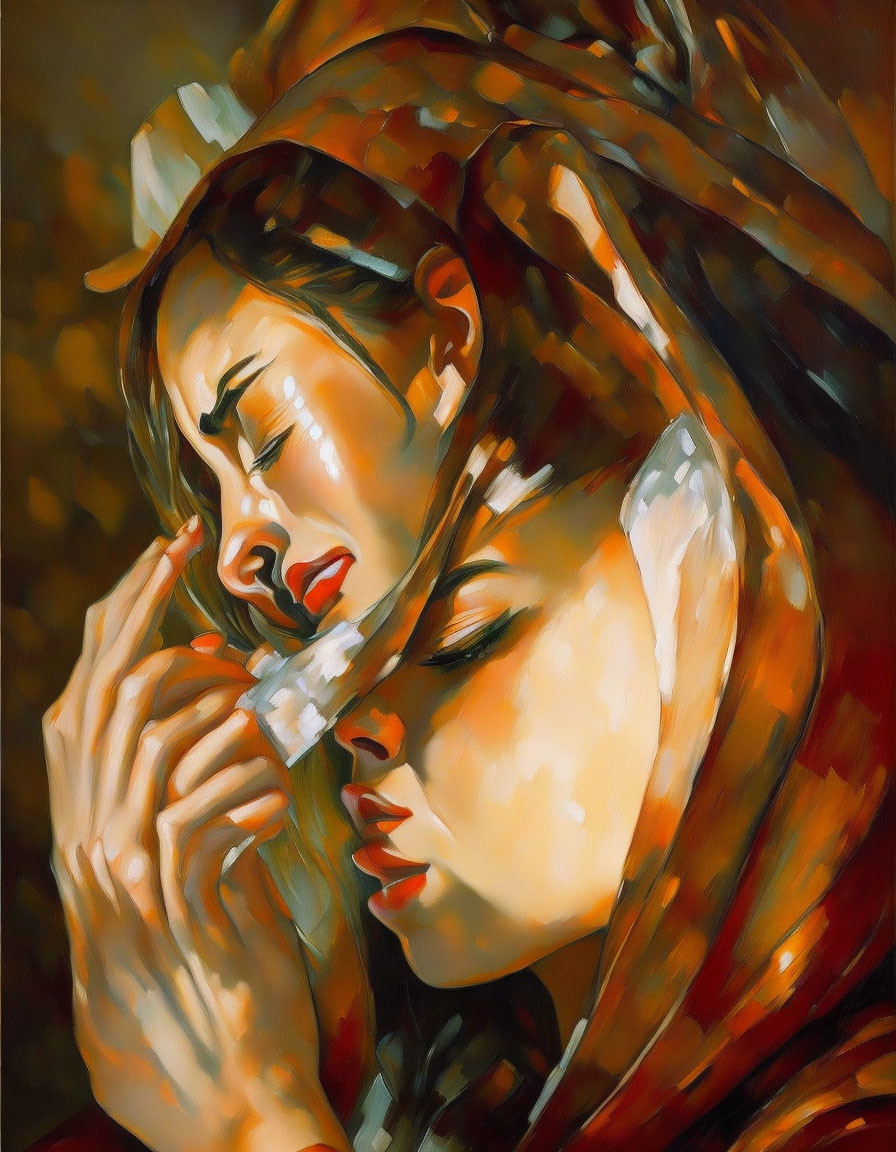 Vivid Painting of Overlapping Woman's Faces in Warm Tones