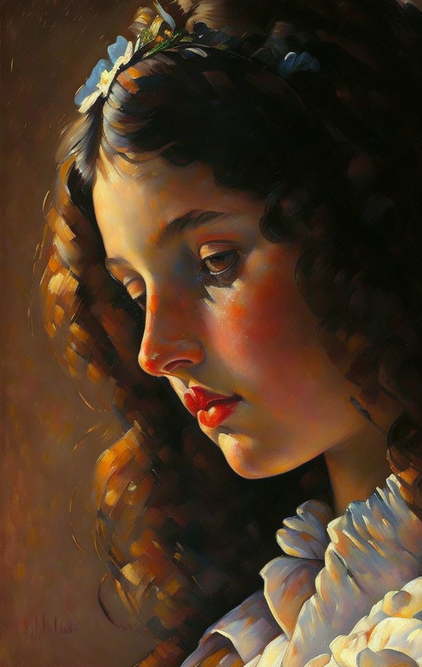 Young woman portrait with curly hair and flowers, warm lighting, gazing downward