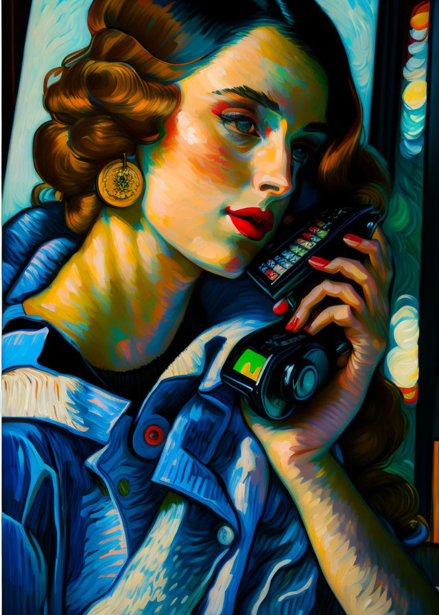 Colorful painting of woman with wavy hair holding retro telephone