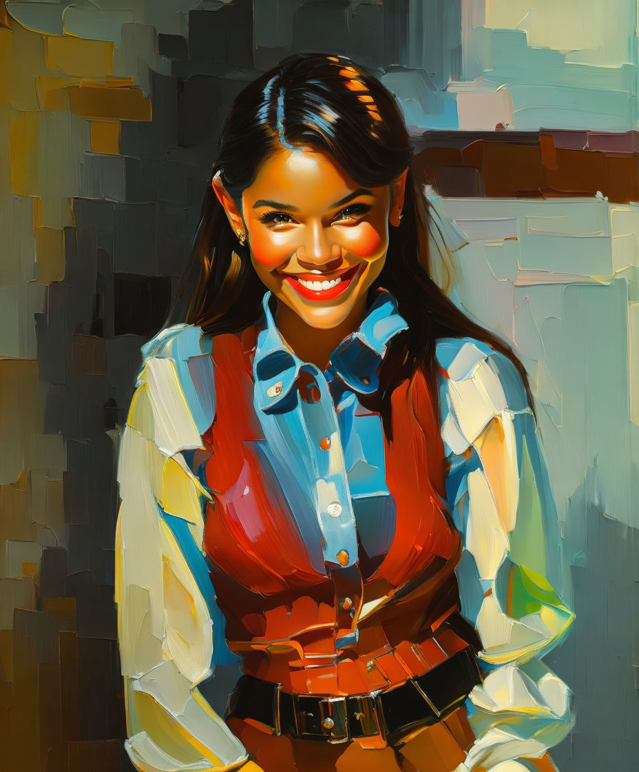 Colorful abstract painting of smiling woman in blue shirt & brown belt