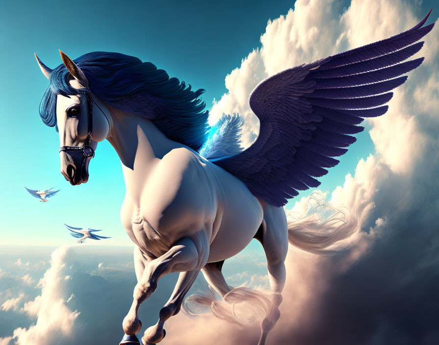 Digital artwork: Winged horse Pegasus flying with birds in sky