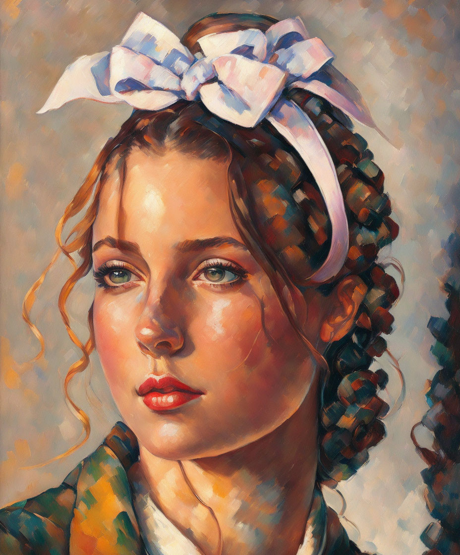 Woman with Curly Hair and Blue Bow in Warm Tones and Impressionist Style