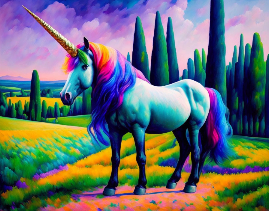 Colorful Mythical Unicorn Artwork in Vibrant Landscape