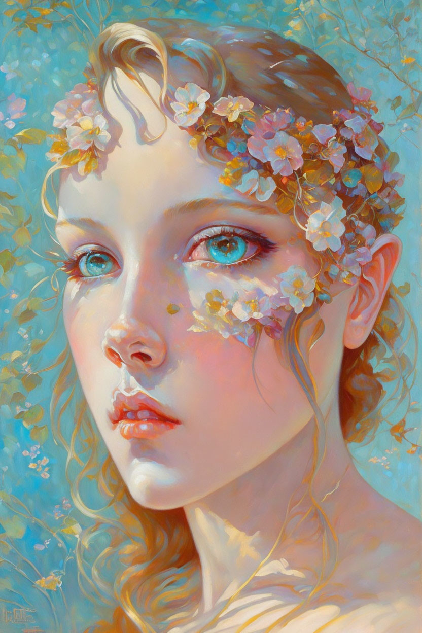 Portrait of Woman with Blue Eyes and Floral Hair Adornments