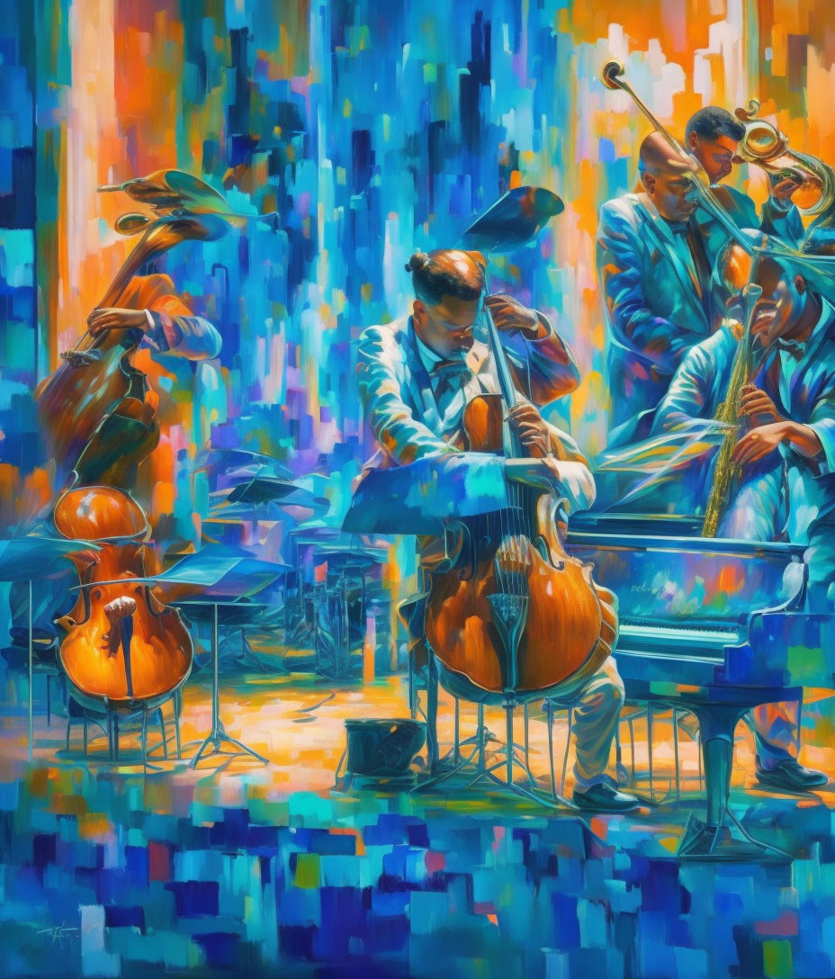 Colorful Jazz Band Painting with Double Bass, Saxophone, and Trumpets in Abstract Style