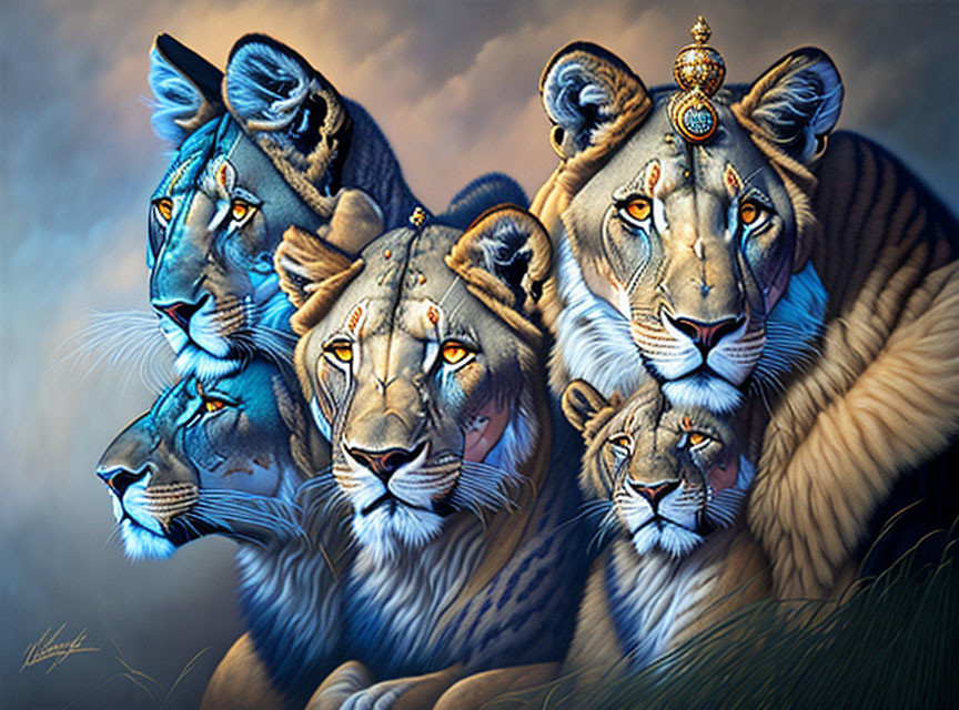 Five lions with blue tribal-like markings on faces against cloud-like background, one lion wearing crown.