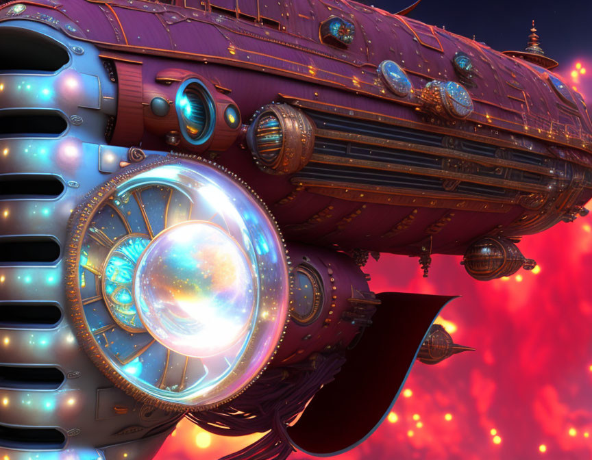 Detailed Futuristic Spaceship in Glowing Elements Against Red Nebula