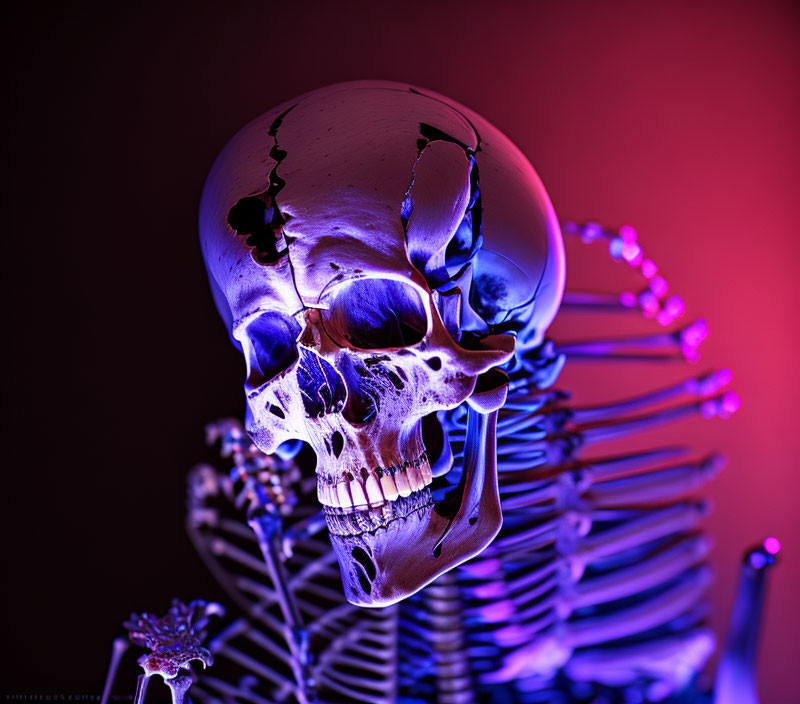 Dramatic purple and red lighting on human skeleton