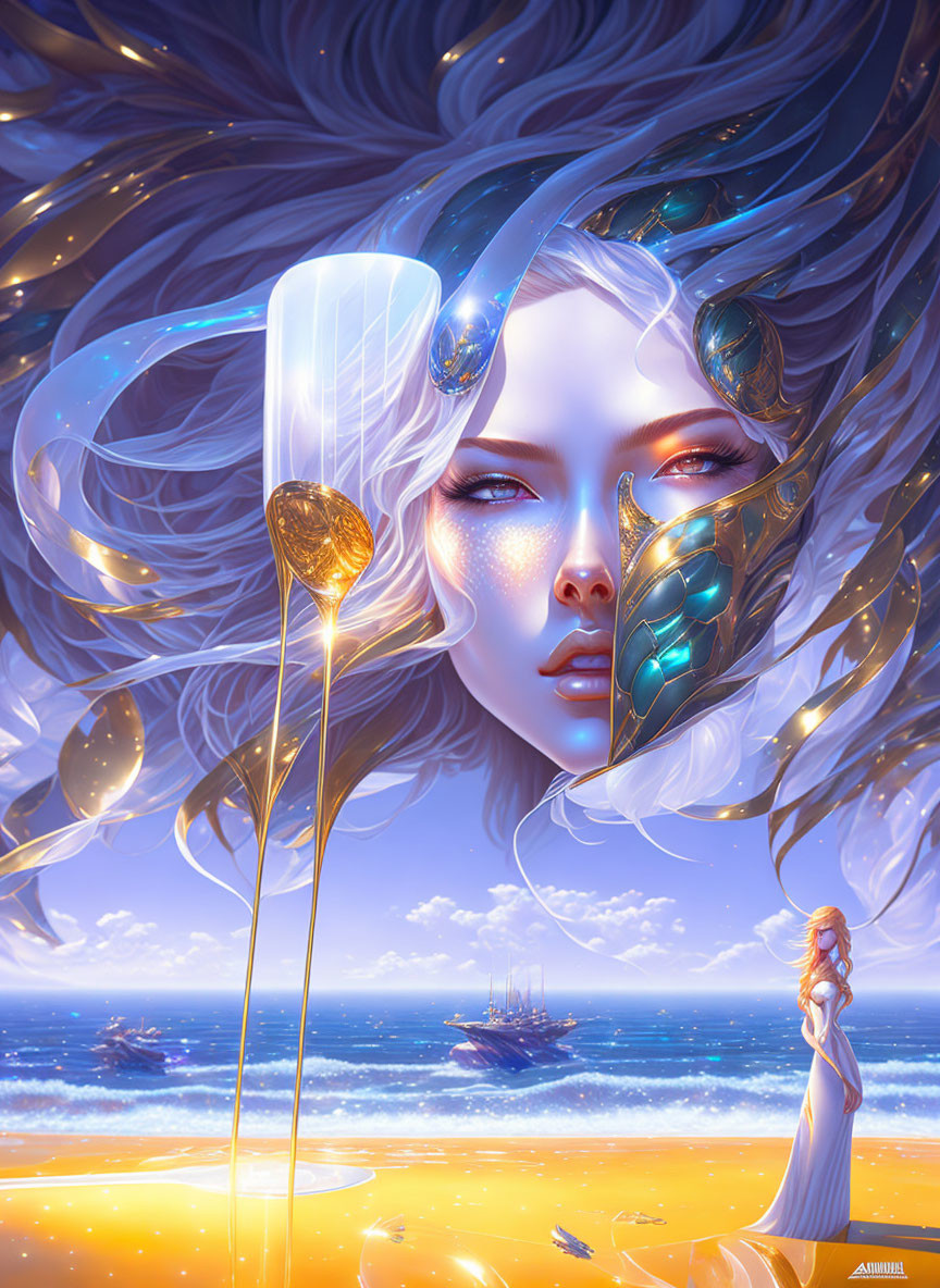 Illustration of woman with golden mask by glowing shore.