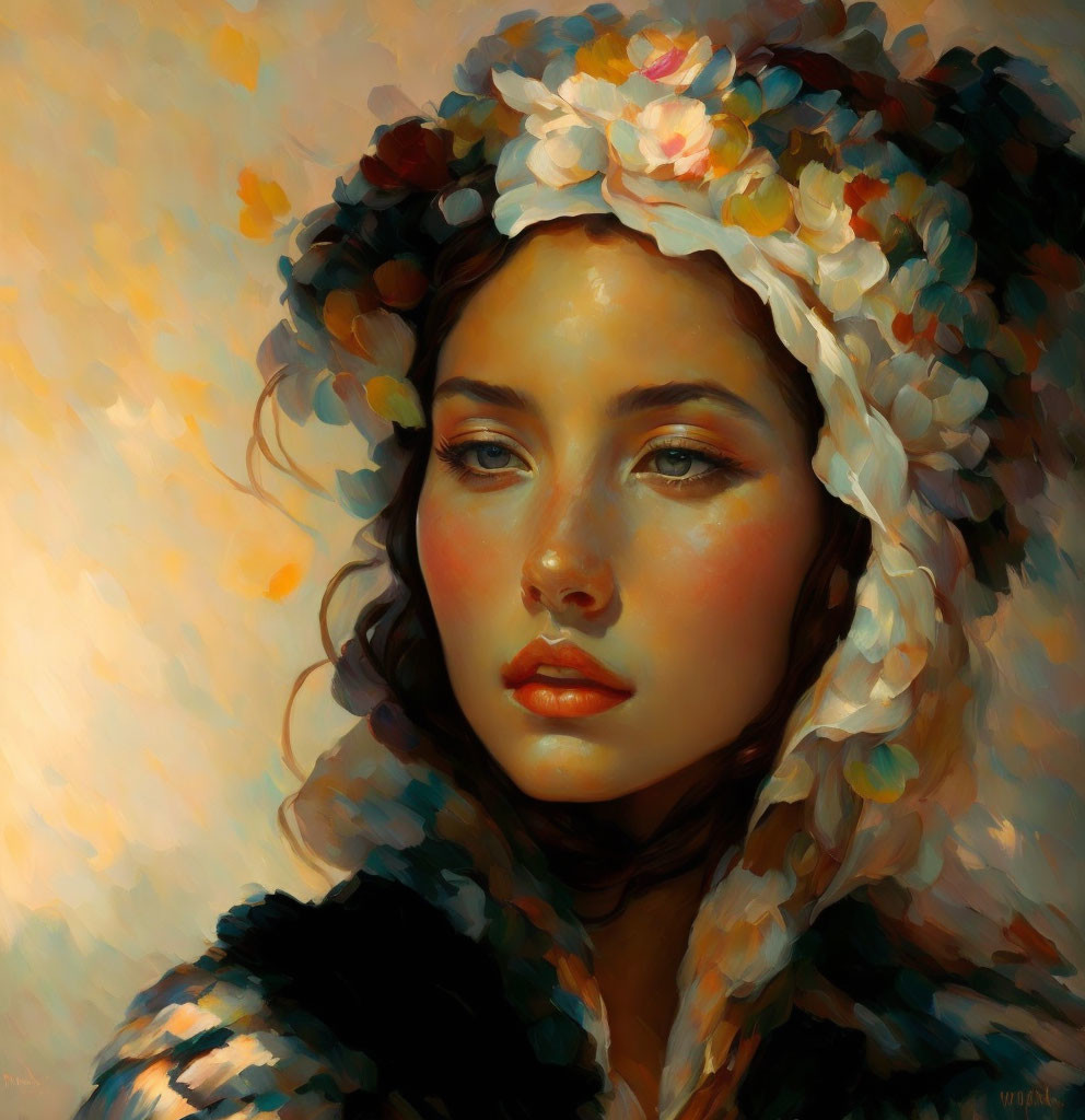 Portrait of a young woman with floral headpiece in warm tones