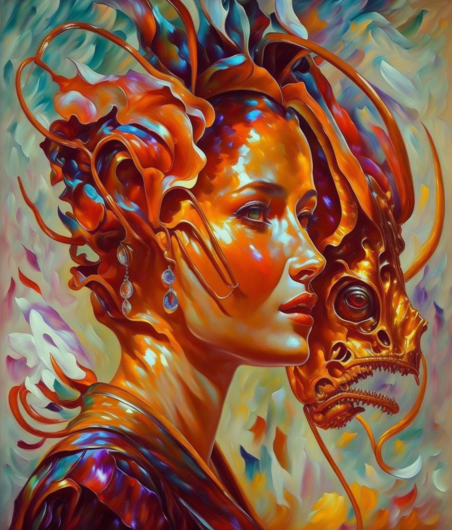 Colorful surreal portrait: woman's face morphs into dragon on vibrant abstract background