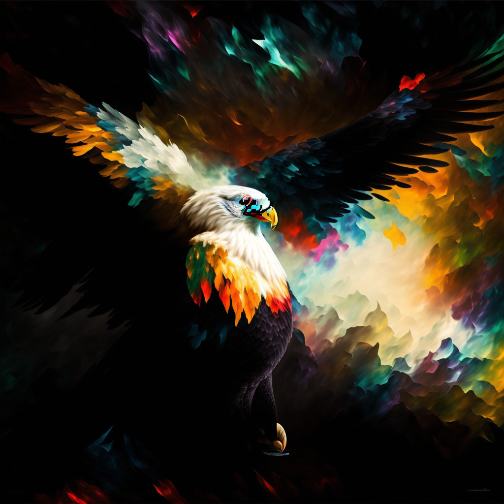 Colorful Eagle Flying Artwork on Dark Background