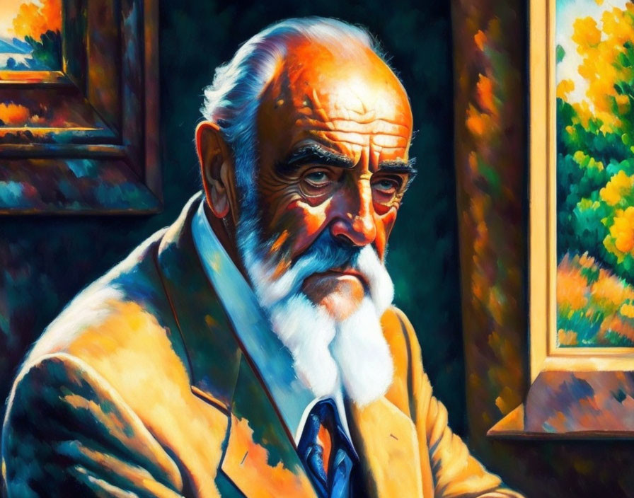 Colorful painting: Elderly gentleman with white beard, seated by window overlooking garden.