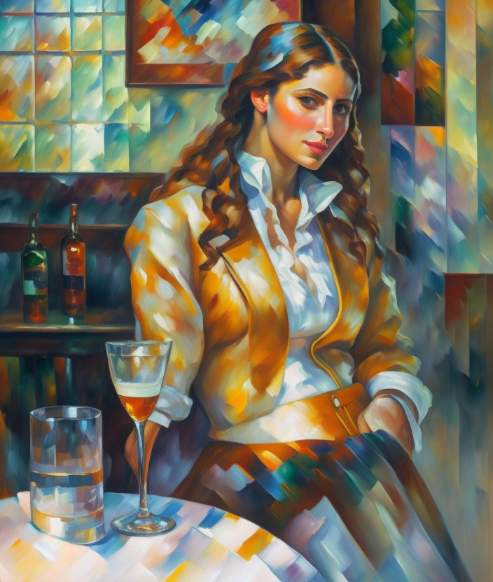 Woman in White Blouse with Brown Hair, Colorful Geometric Lights, Glass, and Bottles