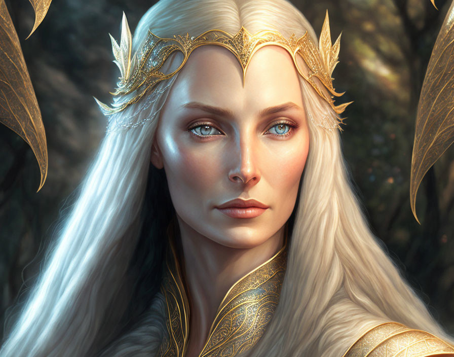 Regal figure with long white hair and gold crown in sunlit forest