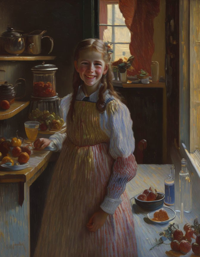 Smiling girl in striped apron in vintage kitchen with fruits and juice