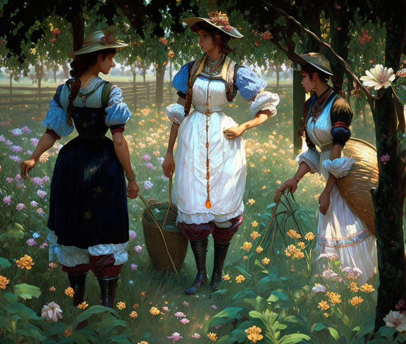 Three women in traditional peasant attire chatting in a sunlit orchard