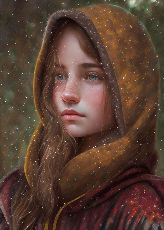 Hooded girl in snowy landscape with soft-focused snowfall