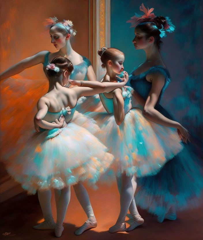 Three ballet dancers in blue tutus and floral headpieces in a graceful pose.