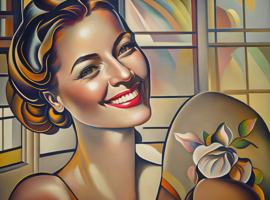 Colorful Illustration: Smiling Woman with Retro Hairdo and Magnolia Flower