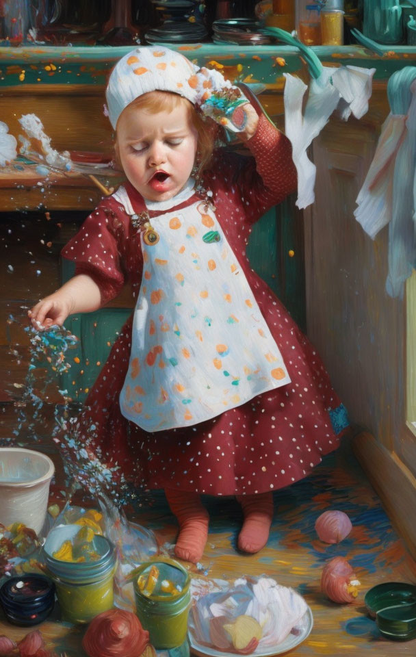 Toddler in red polka-dot dress plays with flour in messy kitchen.