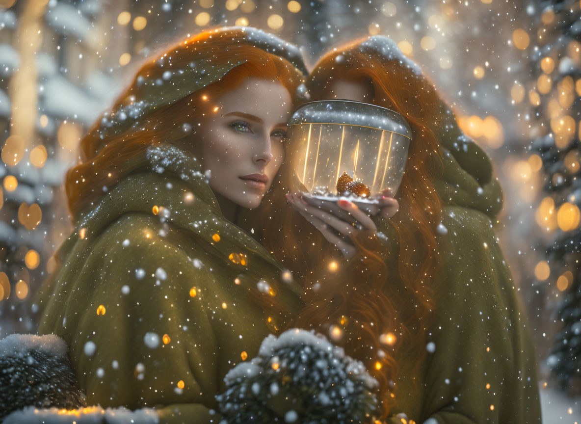 Red-haired duo in green cloaks with lantern in magical snowfall