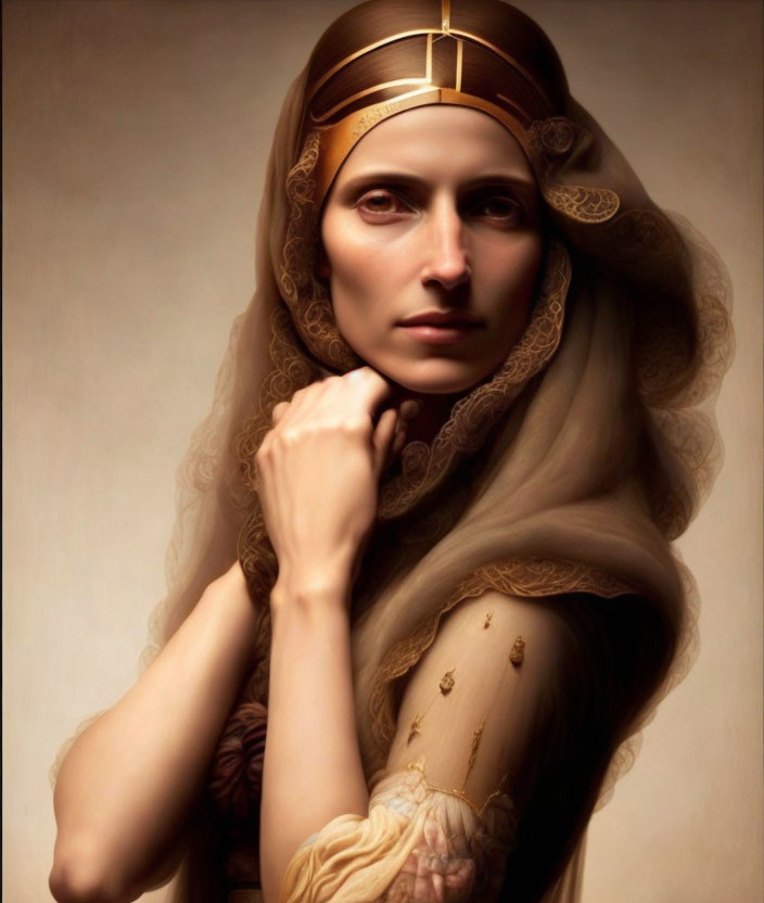 Portrait of Woman in Headscarf and Classical Attire with Contemplative Expression