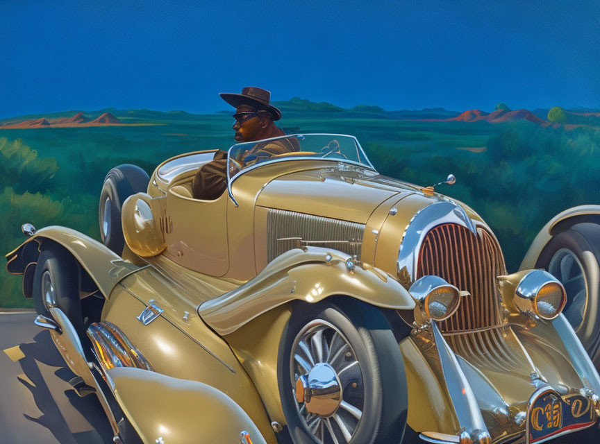 Stylized painting of person driving classic golden roadster