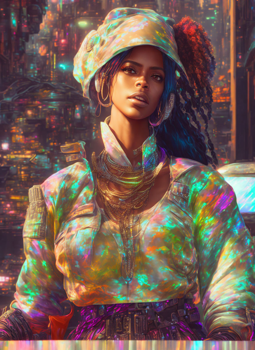 Vibrant holographic outfit and hat in futuristic city backdrop